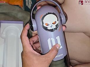 Skull toy cums real while ball sucking