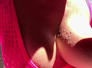 Italian milf flashes hard nipple tits outdoor