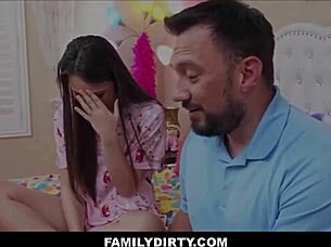 Tiny brunette teen dreams of stepdad's big cock turning real wet