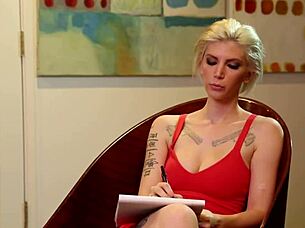 short hair tattooed blonde pleases lesbian friends with toys in threesome