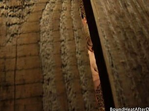 Submissive lesbian slave fingers to orgasm watching bound mistress masturbate naked.