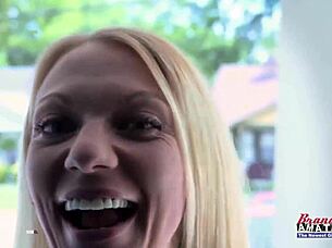 Skinny mature blonde Montana fingers wet shaved pussy before sucking throbbing cock hungrily