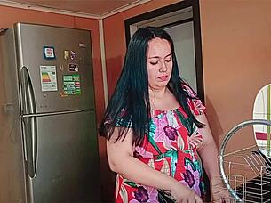 curvy latina milf moans quickie fuck handcuffed in kitchen roleplay