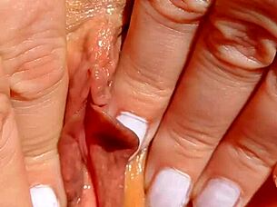 Mature Blonde Wife's Close-Up Shaved Pussy Massage and Spread