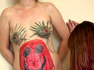 body painted fat milf and chubby girlfriend play lesbian games!