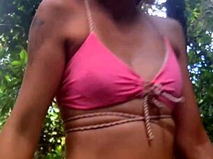 Risky Handjob for Cute Brunette on Beach Trail!