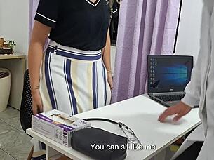 Doctor examines student's belly in outdoor uniform roleplay pov flashing