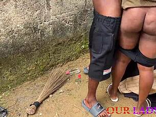 naughty uganda girlfriend rides big cock on outdoor chair first naija visit