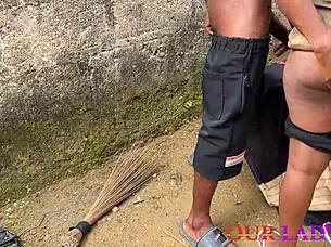 naughty uganda girlfriend rides big cock on outdoor chair first naija visit
