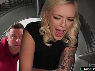 blonde trapped in machine trades deepthroat for rescue fuck