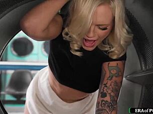 blonde trapped in machine trades deepthroat for rescue fuck