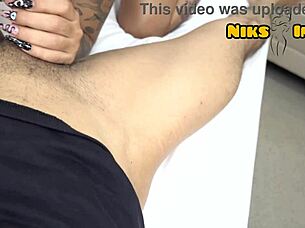 Naked maid's big pussy lips tease master's monster cock service