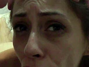 Candie Cross stares as deep fuck ends facial white