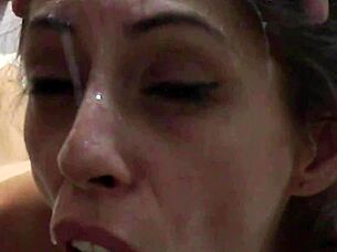 Candie Cross stares as deep fuck ends facial white