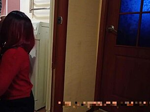 redhead slut cheats at party while lover watches cumshot