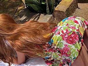 fiery redhead gives her ass to old man with sex toy