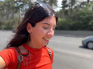 crazy brunette sucks huge cock in bushes for public facial