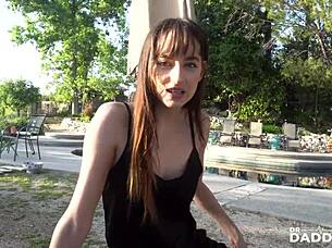 Skinny Lana's Small Tits Jizzed in Public Garden Before Swallowing Cum