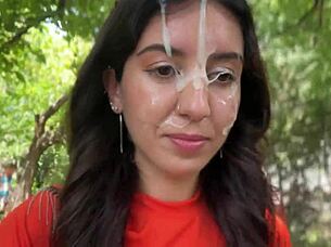 crazy brunette sucks huge cock in bushes for public facial