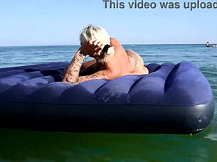 Blonde big tits babe strips nude public beach nudist tattoo