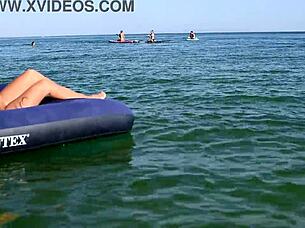 Blonde big tits babe strips nude public beach nudist tattoo