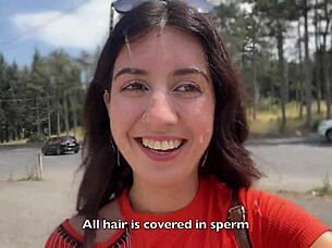crazy brunette sucks huge cock in bushes for public facial