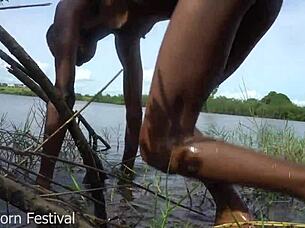 A Skinny African Village Girl Fucks Tourist by the River