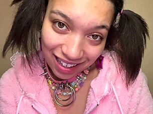 Ahegao cutie practices sloppy deepthroat on thick cock for experienced lovers
