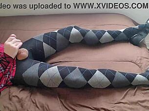 Shemale's thrilling jerk in plaid dress tights