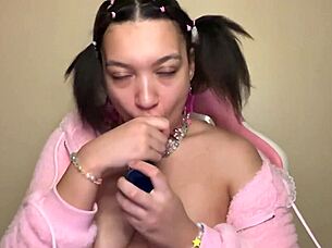 Ahegao cutie practices sloppy deepthroat on thick cock for experienced lovers