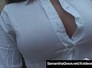 Samantha Grace Fingers Shaved Pussy Sensually In Cuban Stockings Heels!