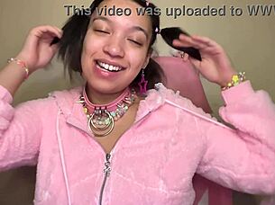 Ahegao cutie practices sloppy deepthroat on thick cock for experienced lovers