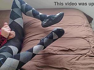 Shemale's thrilling jerk in plaid dress tights