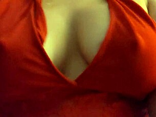 blonde slips into red lingerie showing off her big tits