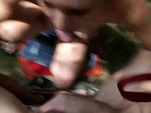 stopped on the trail to suck my hung bf's cock and swallow every drop