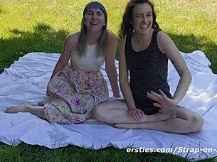 peach and daisy strap-on scissoring hairy pussy outdoors