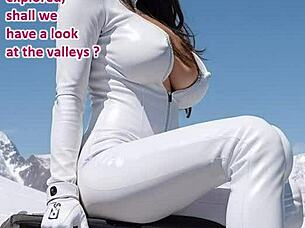 Jerking off in leather catsuit gloves at snowy ski resort public outdoor solo