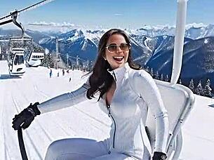 Jerking off in leather catsuit gloves at snowy ski resort public outdoor solo