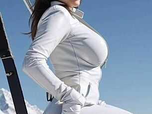 Jerking off in leather catsuit gloves at snowy ski resort public outdoor solo