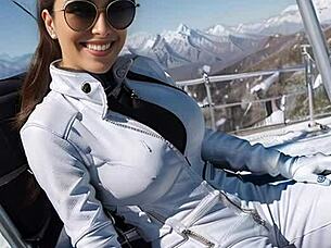 Jerking off in leather catsuit gloves at snowy ski resort public outdoor solo