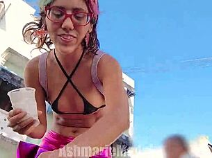 Hairy babe's tits bounce wildly as pussy slips teasingly into view