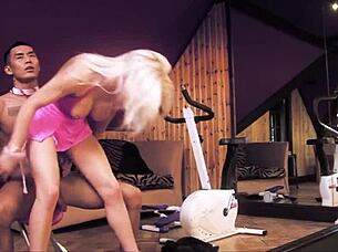 blonde milf in lingerie seduces gym partner for cowgirl ride and facial