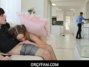 stepsiblings sneak naughty orgy behind stepdad in living room
