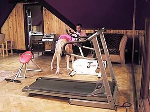 blonde milf in lingerie seduces gym partner for cowgirl ride and facial