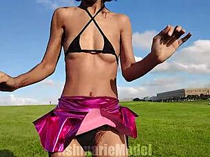 Hairy babe's tits bounce wildly as pussy slips teasingly into view