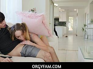 stepsiblings sneak naughty orgy behind stepdad in living room