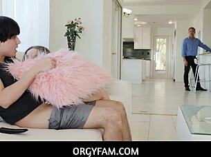stepsiblings sneak naughty orgy behind stepdad in living room