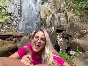 greedy deepthroat blowjob ends with creamy milk swallowed on waterfall trail