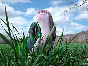 goddess's cute white socks feet tease in jeans on spring grass outdoors 👣😍