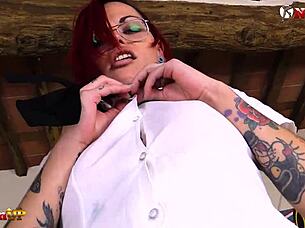 Tattooed Redhead College Babe Masturbates in Pantyhose Dildo